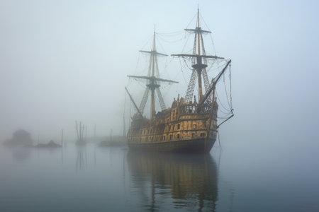 ghostly pirate ship emerging from eerie fog, created with generative aiの素材