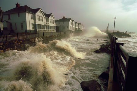 storm surge flooding a coastal area with fierce waves, created with generative aiの素材