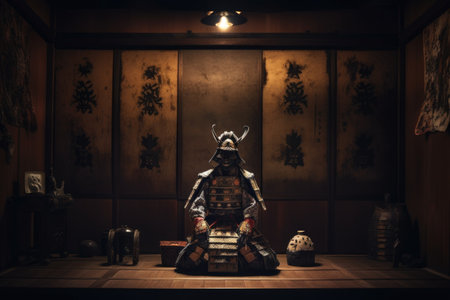 ancient samurai armor in dimly lit room, created with generative aiの素材