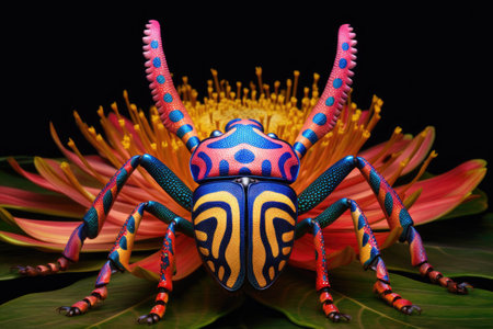a beetle with a bright pattern crawling on a flower, created with generative aiの素材