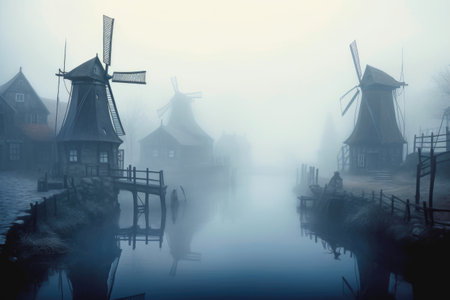 windmills along a foggy canal on an early morning, created with generative aiの素材