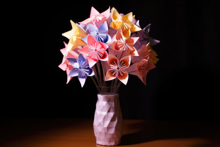 origami flowers in a vase with soft lighting, created with generative aiの素材