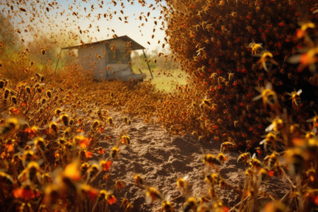 swarming honeybees moving to a new hive location, created with generative aiの素材