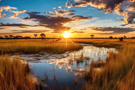 panoramic view of sun setting over savannah plains, created with generative aiの素材
