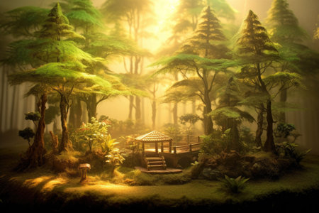 miniature bonsai forest with morning sunlight streaming in, created with generative aiの素材