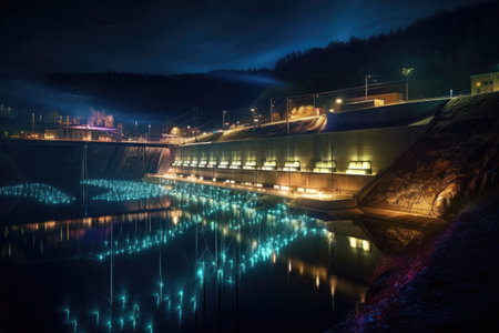 night view of illuminated hydroelectric dam, created with generative aiの素材