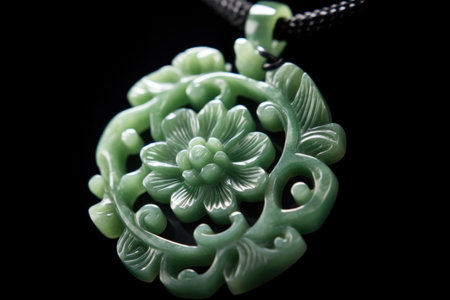 close-up of carved jade pendant with floral design, created with generative aiの素材