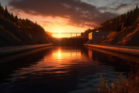 sunset reflecting off a hydroelectric dams reservoir, created with generative aiの素材