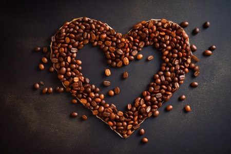 coffee beans forming a heart shape on a dark surface, created with generative aiの素材