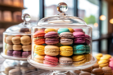 colorful macarons displayed in a glass case, created with generative aiの素材