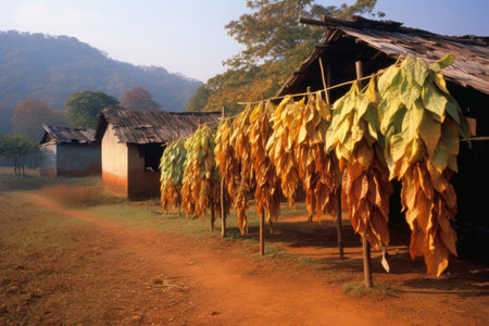 a selection of tobacco leaves drying in the sun, created with generative aiの素材