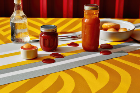 close-up of a diners tabletop with ketchup and mustard, created with generative aiの素材