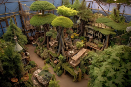 aerial perspective of bonsai tree arrangement in a greenhouse, created with generative aiの素材
