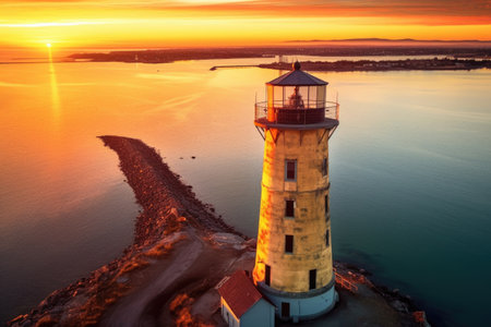 aerial view of a historic lighthouse at sunset, created with generative aiの素材
