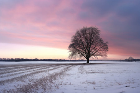 lone tree in a snowy field during dusk, created with generative aiの素材