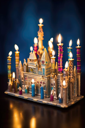 hanukkah menorah with lit candles and dreidels, created with generative aiの素材