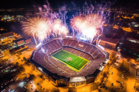 aerial view of fireworks display over a stadium, created with generative aiの素材