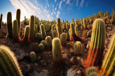 wide-angle shot of cactus clusters creating leading lines, created with generative aiの素材