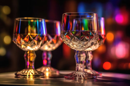 close-up of crystal wine glasses reflecting colorful lights, created with generative aiの素材