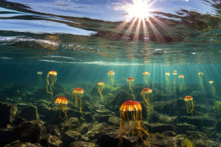 jellyfish migration captured in a sunlit shallow lagoon, created with generative aiの素材