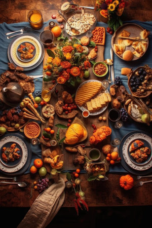aerial view of a beautifully decorated thanksgiving table, created with generative aiの素材