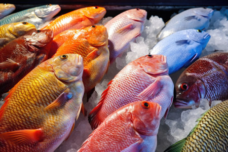 close-up of fresh fish on ice displayed at a market, created with generative aiの素材
