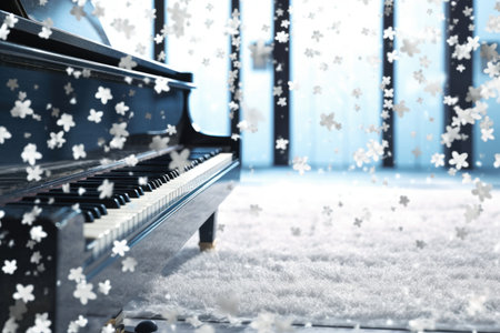 grand piano keys with delicate snowflakes resting on them, created with generative aiの素材