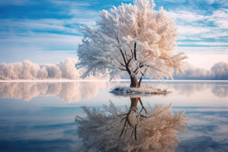 winter tree reflections on a frozen lake, created with generative aiの素材