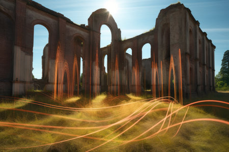 magnetic field lines around an ancient ruin, created with generative aiの素材