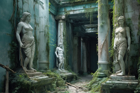 time-worn statues guarding the entrance to a forgotten city, created with generative aiの素材