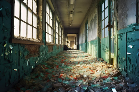 broken glass and rubble in an abandoned school hallway, created with generative aiの素材