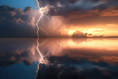 forked lightning over a calm ocean, reflecting in water, created with generative aiの素材