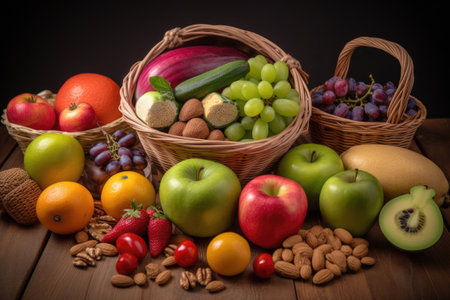 basket of fresh fruits, veggies, and nuts for a healthy diet, created with generative aiの素材