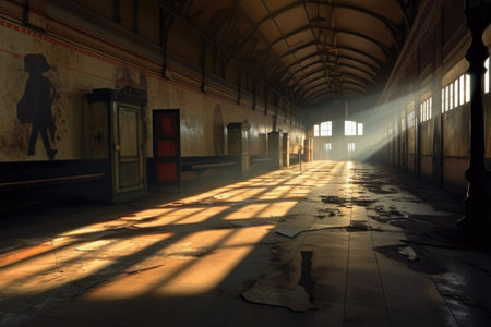 eerie shadows cast inside an empty station hall, created with generative aiの素材