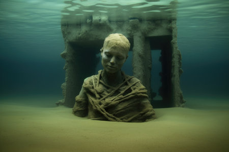 eerie underwater statue half-buried in sand, created with generative aiの素材
