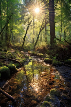 forest setting with sunlight streaming through trees, created with generative aiの素材