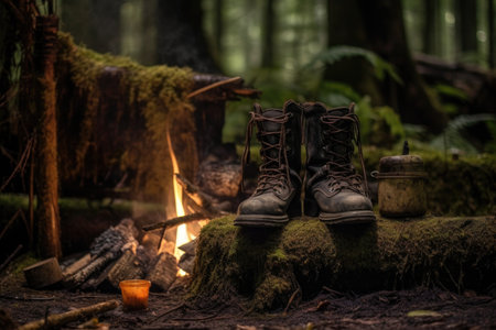 aged boots beside a campfire in a forest setting, created with generative aiの素材