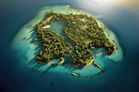 aerial view of mysterious, uncharted island, created with generative aiの素材