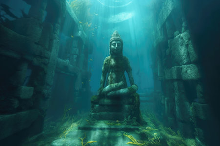 underwater statue scene with a mysterious aura, created with generative aiの素材