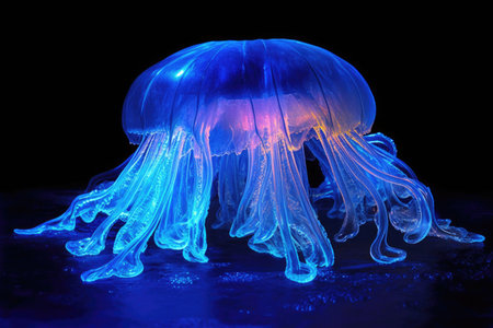 close-up of a bioluminescent jellyfish glowing underwater, created with generative aiの素材