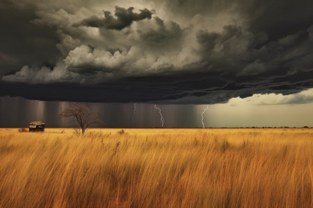 a dramatic thunderstorm approaching over the savanna, created with generative aiの素材