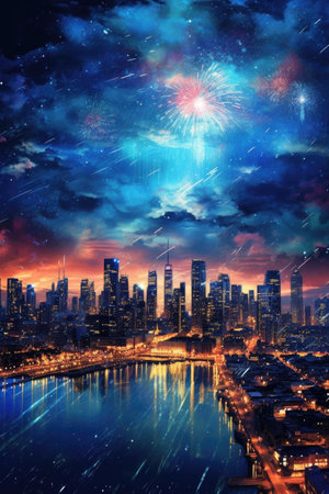 fireworks illuminating the night sky over a city skyline, created with generative aiの素材