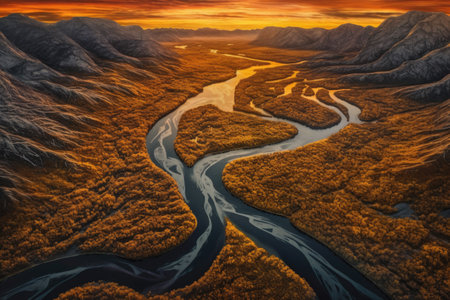 aerial view of winding river reflecting sunset, created with generative aiの素材