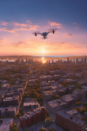 ai powered drone flying over a cityscape, created with generative aiの素材