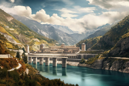 dramatic panorama of a hydroelectric dam in mountainous landscape, created with generative aiの素材