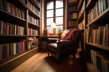 person, reading book in comfortable armchair, with view of library bookshelves visible in the background, created with generative aiの素材