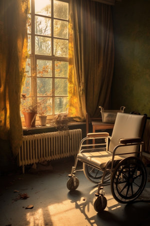 wheelchair in a hospital room near a window, created with generative aiの素材