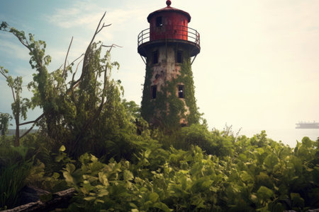 abandoned lighthouse with overgrown vegetation around it, created with generative aiの素材