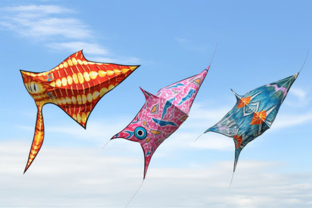 kites with unique shapes and designs in the sky, created with generative aiの素材