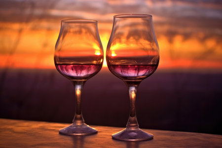 empty wine glasses against a sunset or sunrise backdrop, created with generative aiの素材